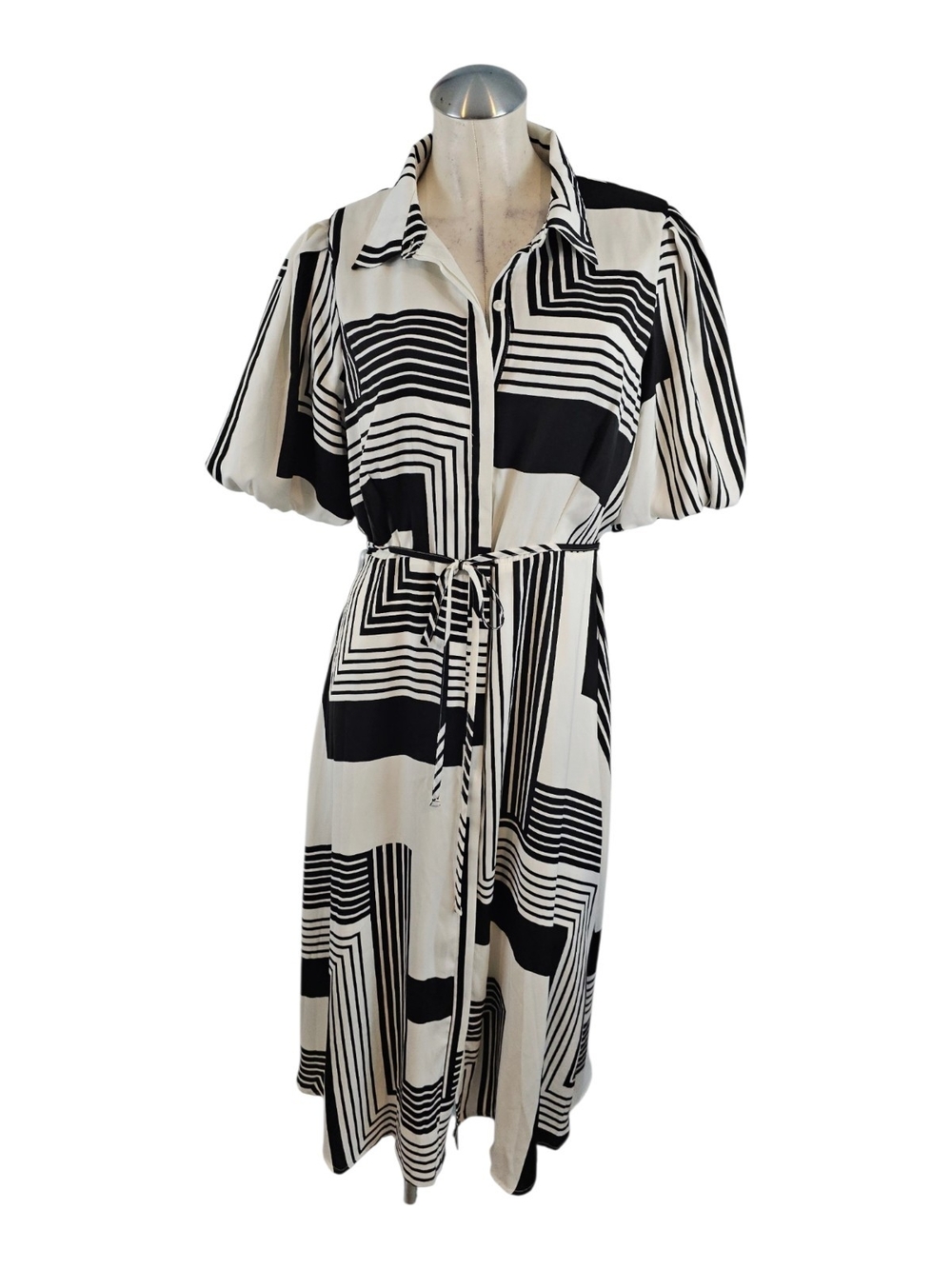 Nine West Size L Black and White Geometric Midi Shirt Dress with Tie